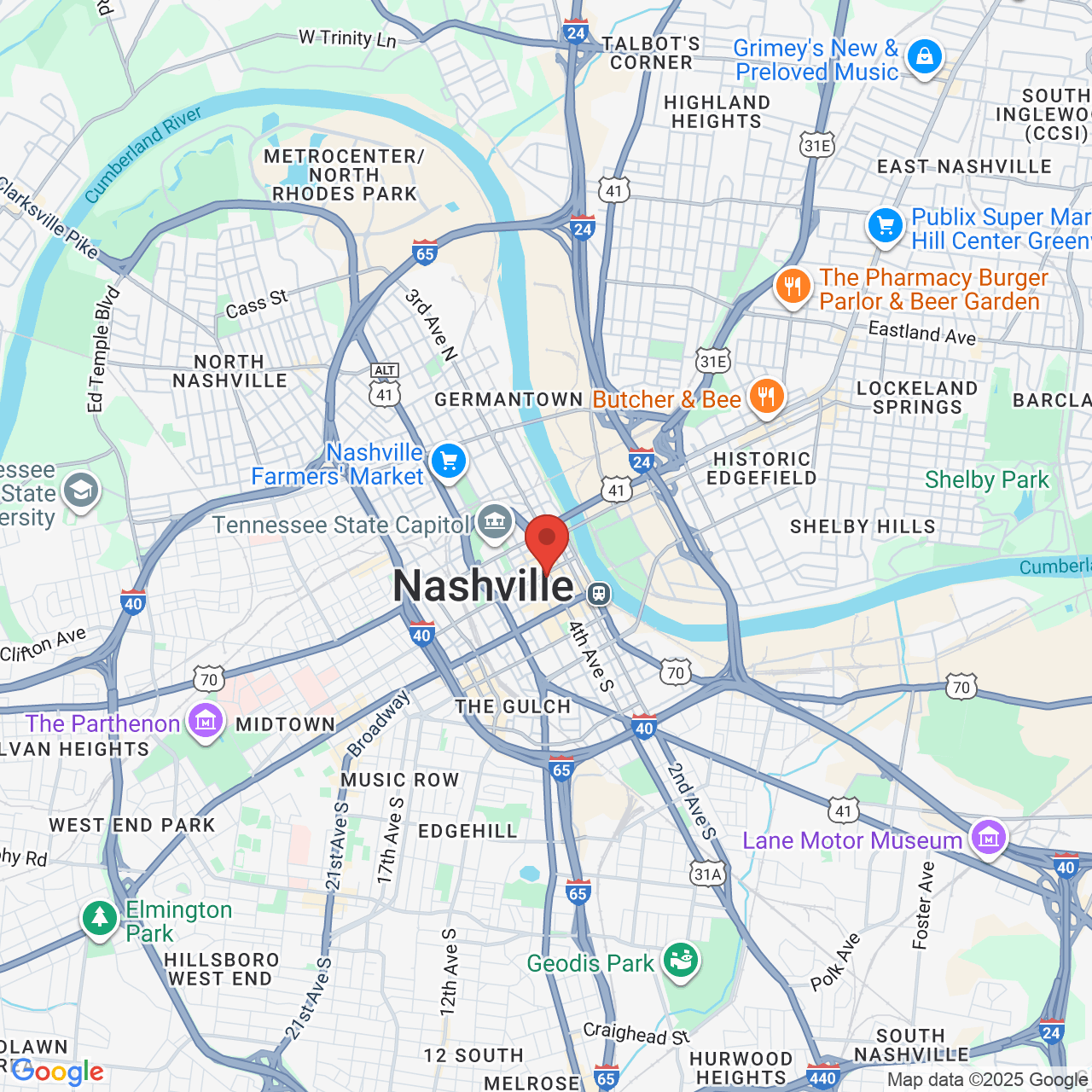 Google map image of our location in 401 Church St Nashville, TN